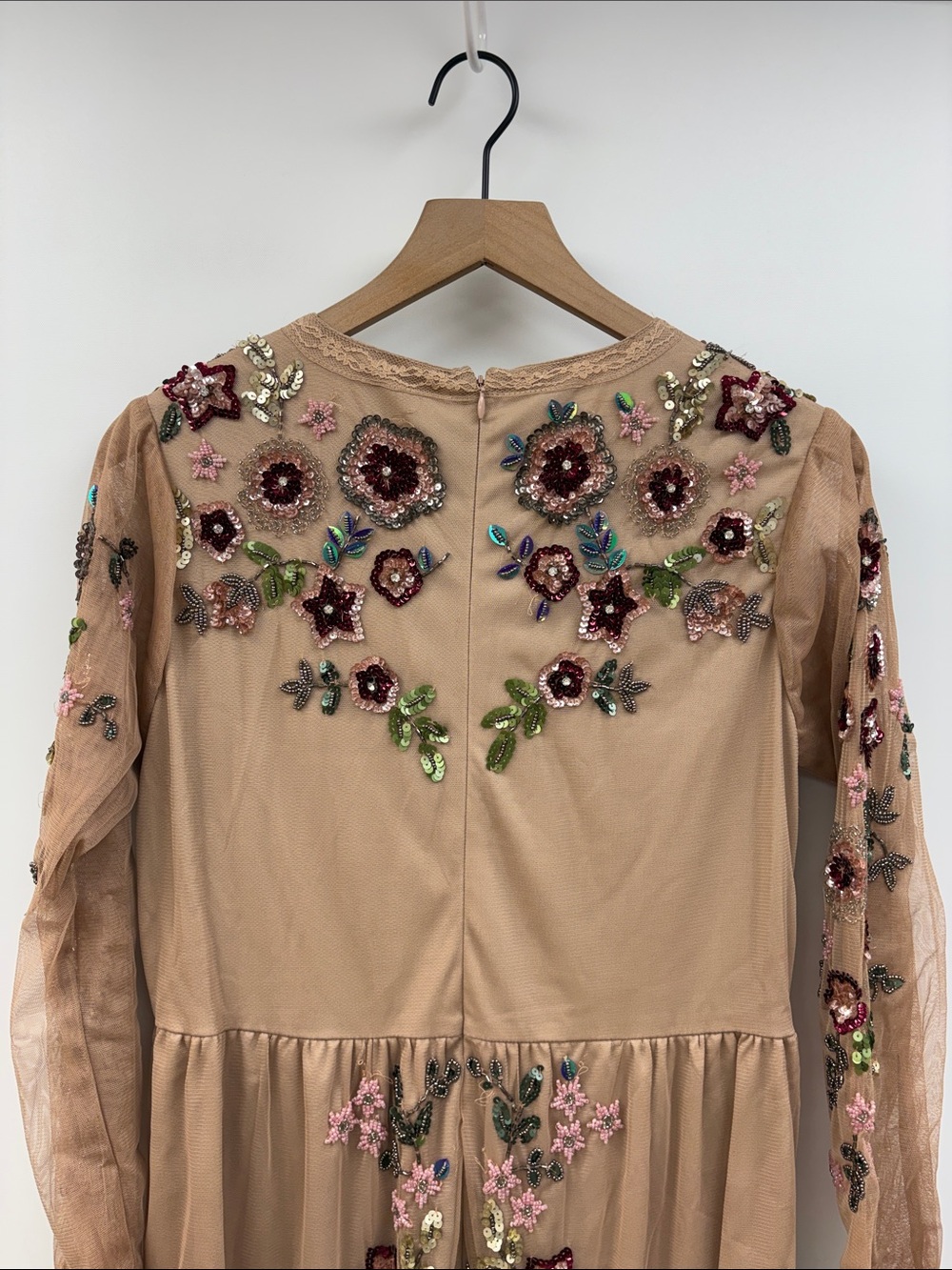 Frock and Frill Floral Sequin Embellished Mesh Ruffle A-Line Midi Dress Tan 12 - Picture 6 of 9
